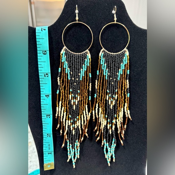 “NEW”Beaded Fringe Hoop Earrings - Black & Turquoise - Picture 2 of 6